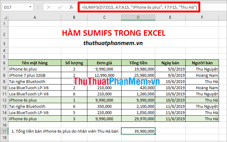 Tổng doanh số iPhone 6s plus của nhân viên Thu Hà