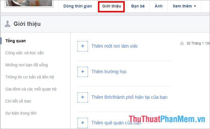 Để thêm thông tin cá nhân - chọn phần Giới thiệu