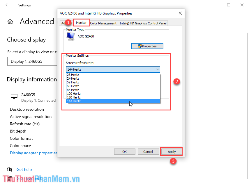 Chọn Màn hình và tiến hành chỉnh tốc độ làm mới - refresh rate