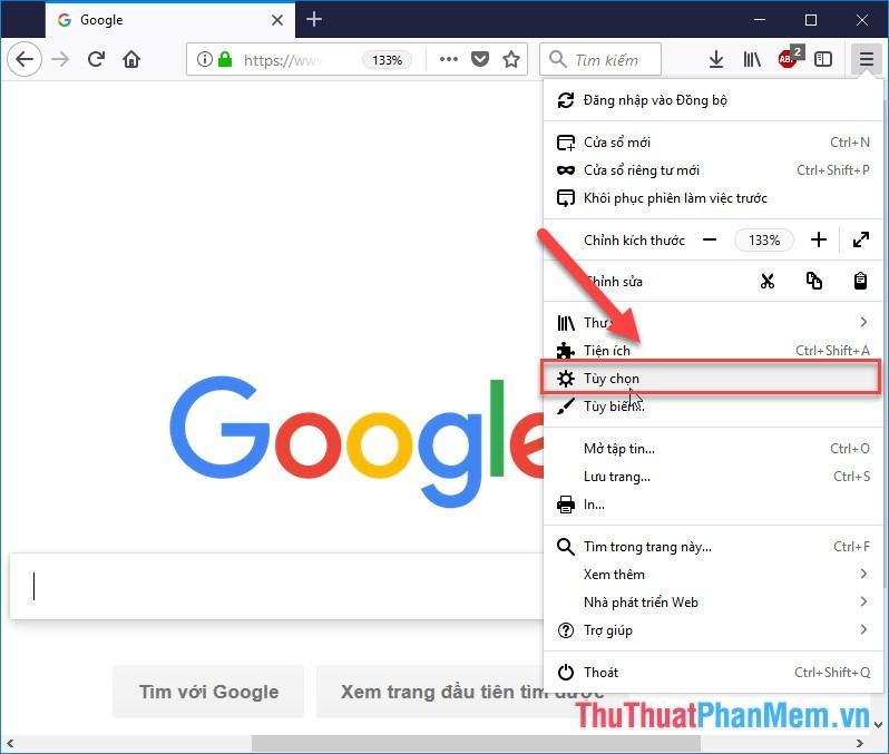 Nhấn vào biểu tượng dấu gạch ngang ở góc phải trình duyệt và chọn Tùy chọn