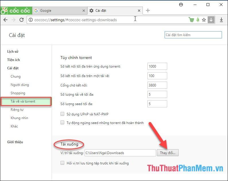 Trong phần Tải xuống và Tải xuống torrent, chọn Thay đổi
