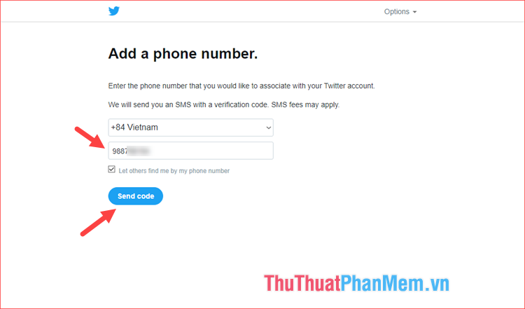 Nhập số điện thoại và nhấn Send Code