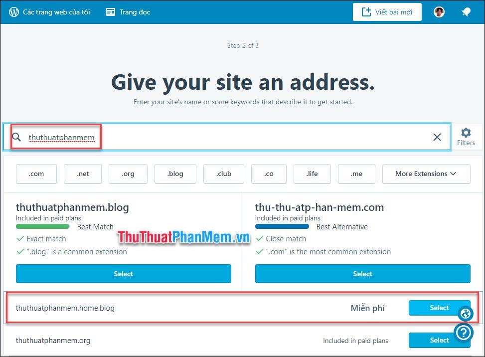 Nhập tên miền mong muốn, chọn cái miễn phí