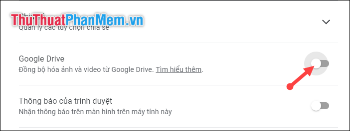 Tick ​​vào nút bật tắt trong phần Đồng bộ hóa Google Drive