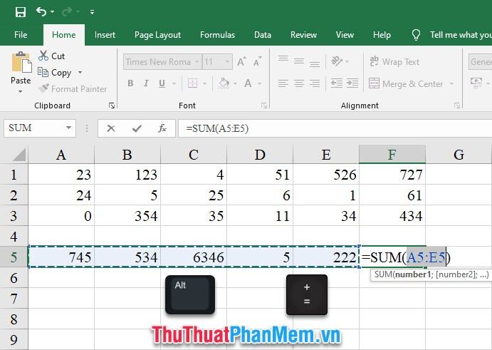 Tính tổng nhanh với tổ hợp phím Alt +