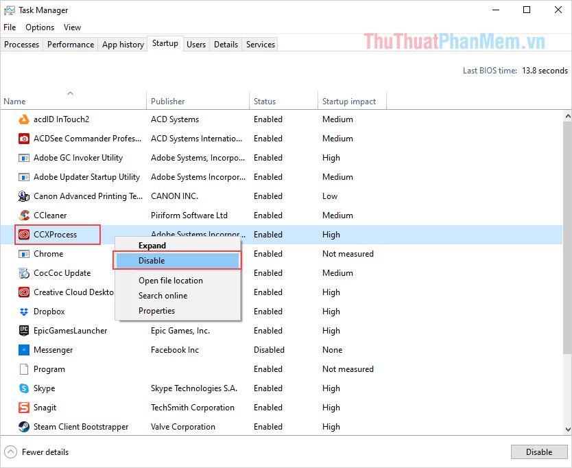 Chọn các phần mềm không cần thiết khởi động cùng Windows và chọn Disable