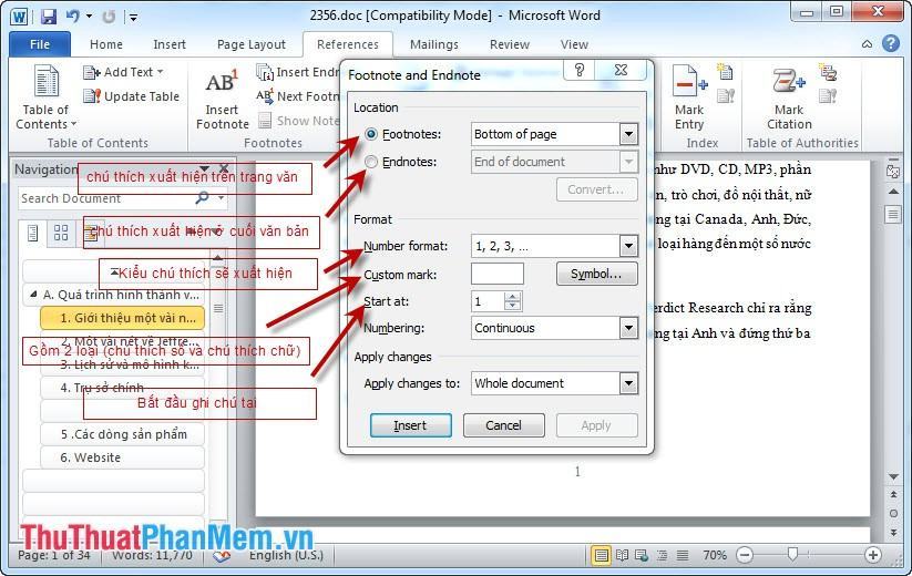 Cài đặt trong hộp thoại Footnote và Endnote