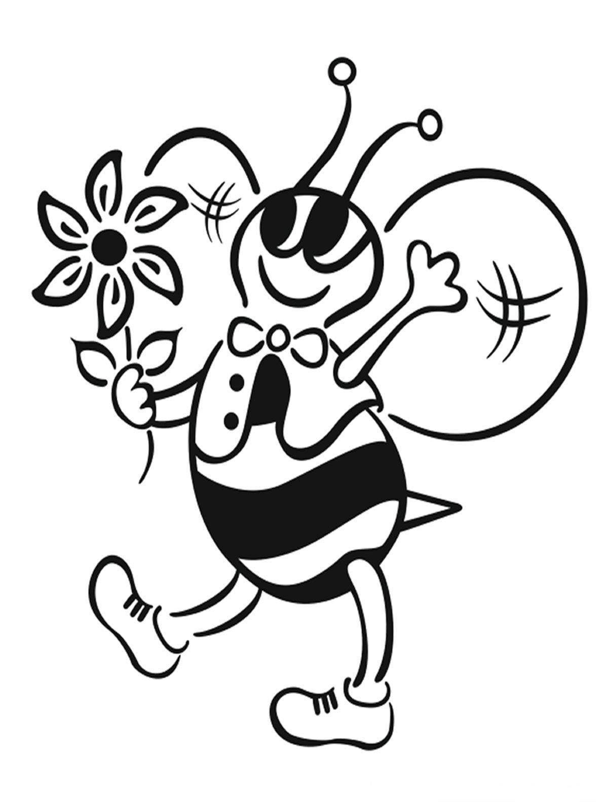 Tranh tô màu chú ong vui vẻ chơi với hoa