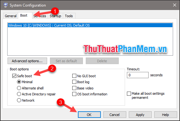 Trong phần Tùy chọn khởi động, chọn Khởi động an toàn