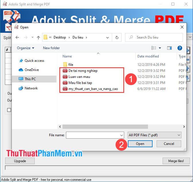 Chọn các tệp PDF để hợp nhất và chọn Mở