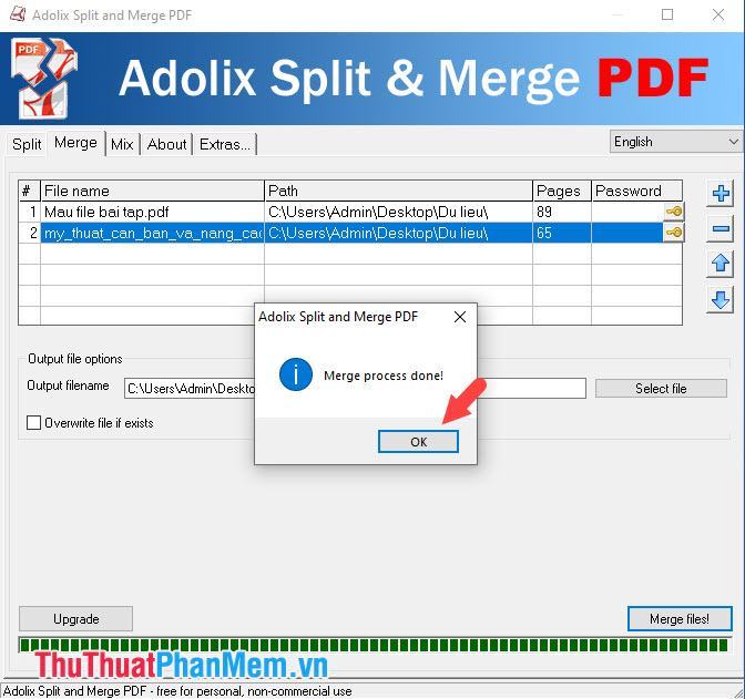 Nhấn OK trước khi có thông báo Merge process done