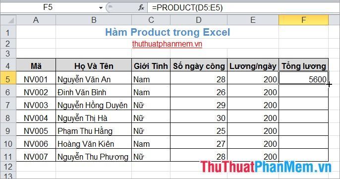 Hàm sản phẩm trong Excel 3