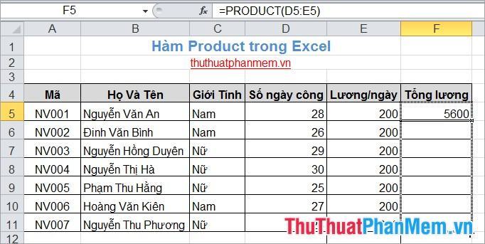 Hàm sản phẩm trong Excel 4