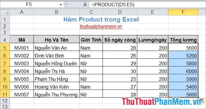 Hàm sản phẩm trong Excel 5