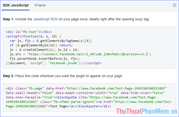 Sử dụng hai đoạn mã trong tab JavaScript SDK