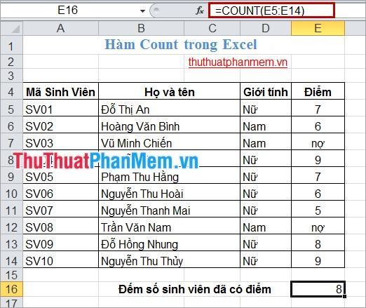 Hàm đếm trong Excel 2