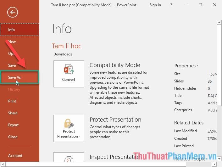 Trong bài thuyết trình, bấm vào tab Tệp - Lưu dưới dạng