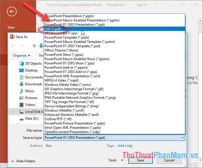 Tại phần Save As Type chọn định dạng PDF