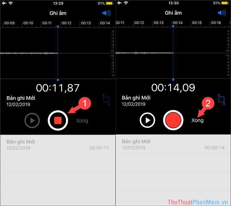Để kết thúc ghi âm, chạm vào biểu tượng Tạm dừng, chạm vào Xong để lưu
