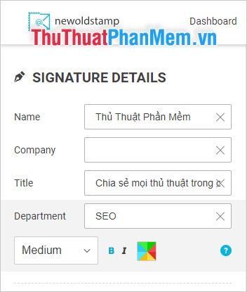 Điền thông tin muốn chèn vào chữ ký tại phần CHI TIẾT CHỮ KÝ