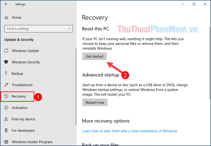 Chọn Recovery rồi chọn Get started trong phần Reset this PC