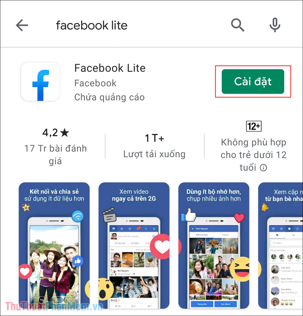 Tìm kiếm Facebook Lite và chạm vào Cài đặt để tải ứng dụng về điện thoại của bạn
