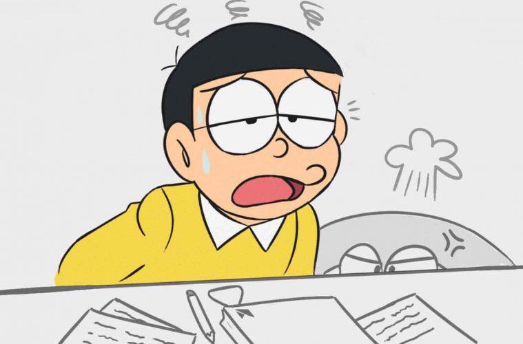 Hình ảnh buồn của Nobita khi đi học