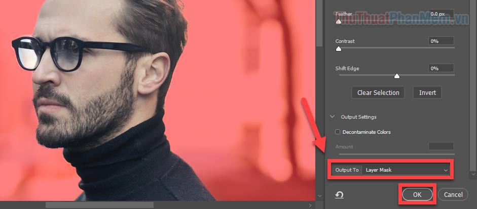 Khi đã chọn đúng đối tượng, trong phần Output Settings bạn đổi thành Layer Mask rồi nhấn OK
