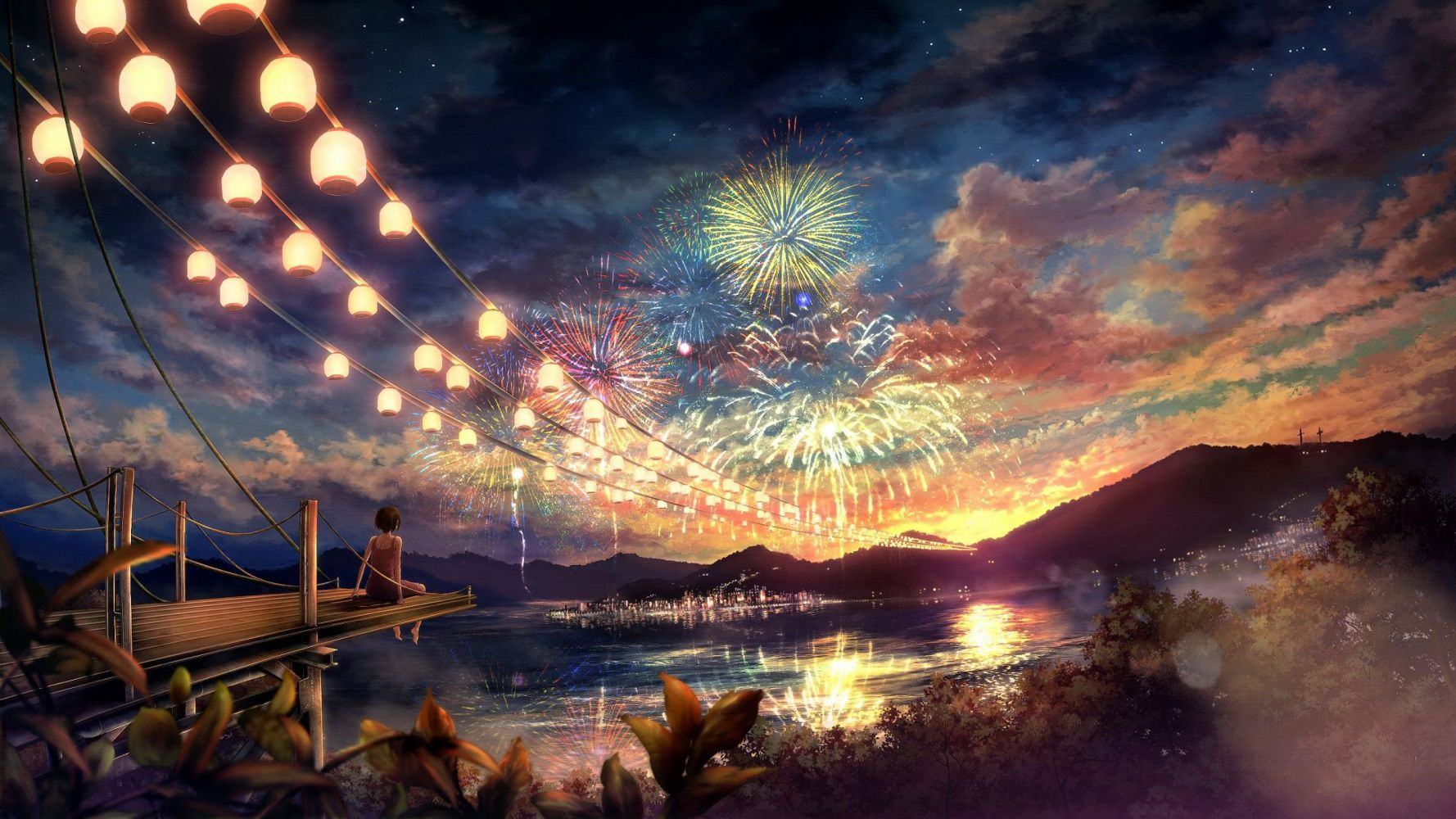 Hình nền anime lễ hội pháo hoa