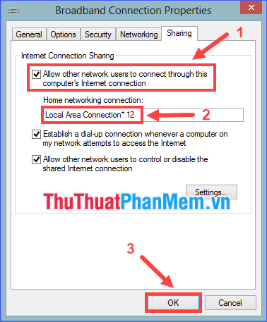 Đánh dấu Cho phép người dùng khác kết nối thông qua kết nối Internet của máy tính này