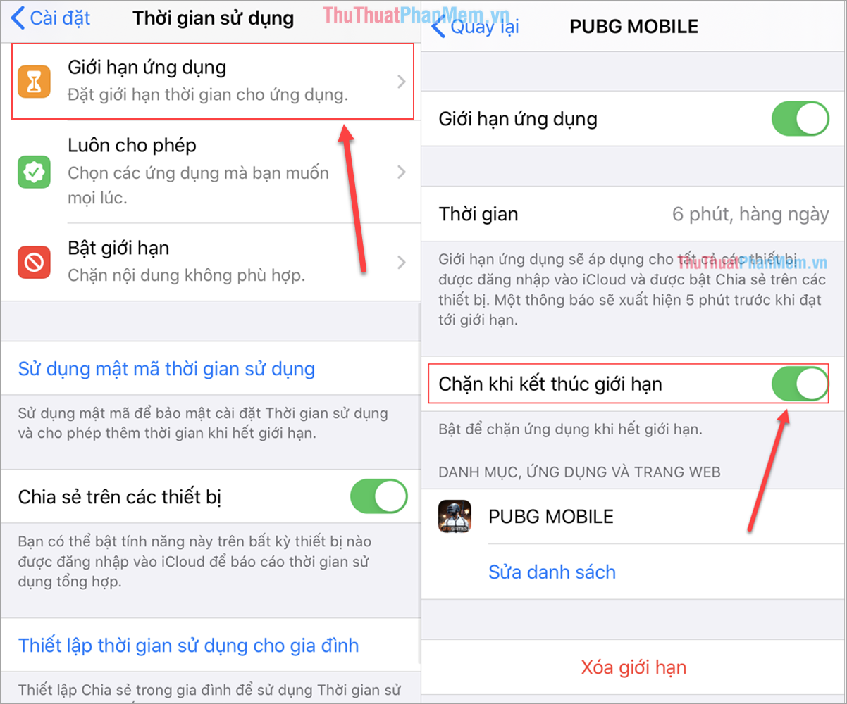 Bật Block at end of limit để khóa app khi hết hạn