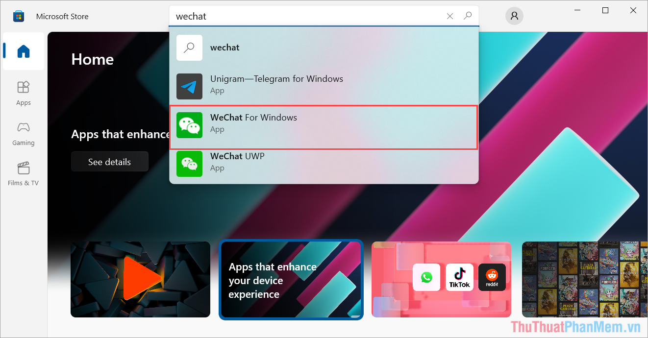 Mở Microsoft Store trên máy tính Windows và nhập WeChat cho Windows