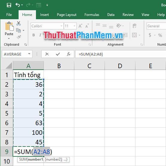 Excel sẽ tự động điền SUM .  chức năng