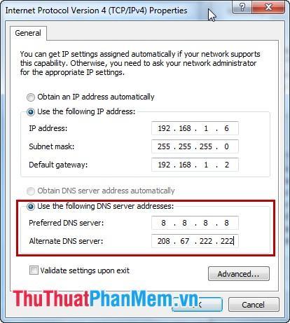 Sử dụng các địa chỉ máy chủ DNS sau