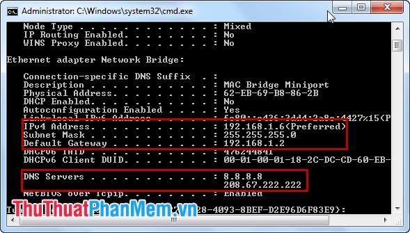 Kiểm tra IP và DNS vừa thiết lập