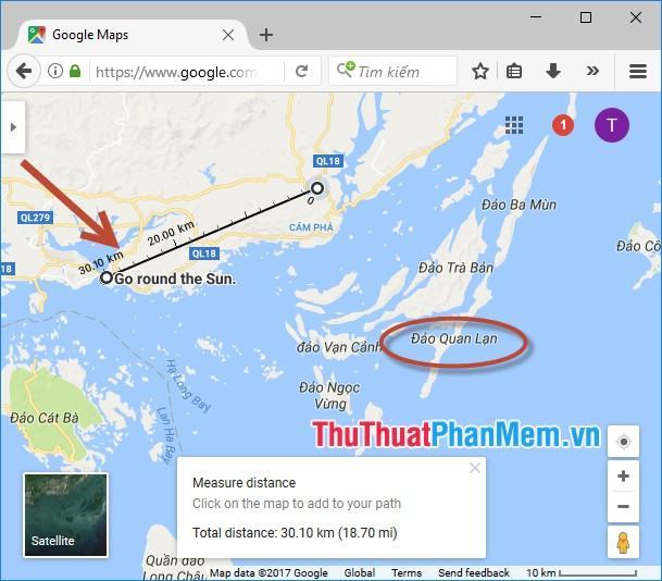 Bản đồ Google tự động đo khoảng cách