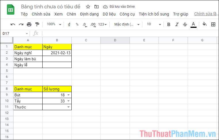 Người điền vào bảng tính chỉ có thể chọn kết quả từ danh sách