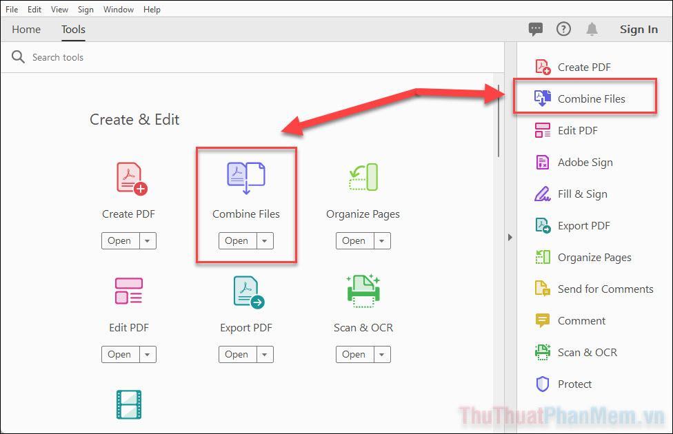 Chọn công cụ Combine Files trên trang chủ hoặc cột bên phải
