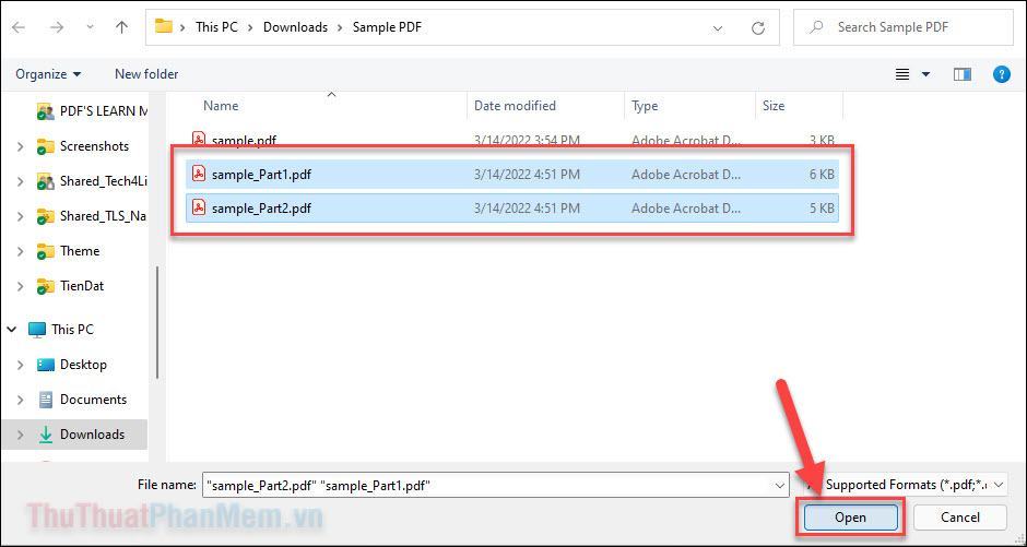Giữ Ctrl và chọn tất cả các tệp PDF bạn muốn hợp nhất thành một và nhấn Mở