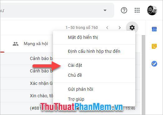 Chọn Cài đặt trong Gmail chính