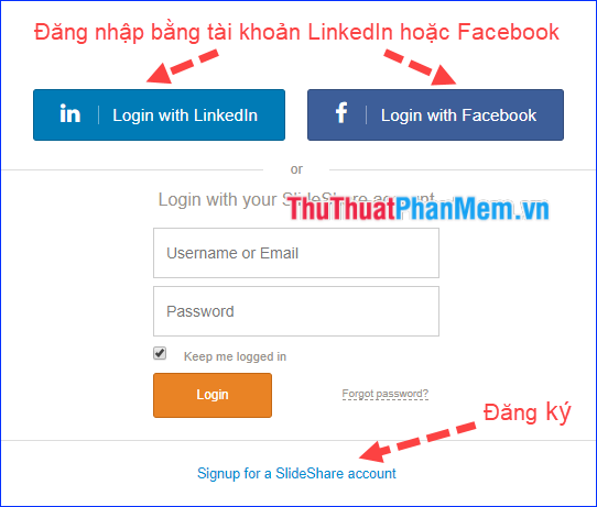 Sử dụng tài khoản LinkedIn hoặc Facebook của bạn để đăng nhập