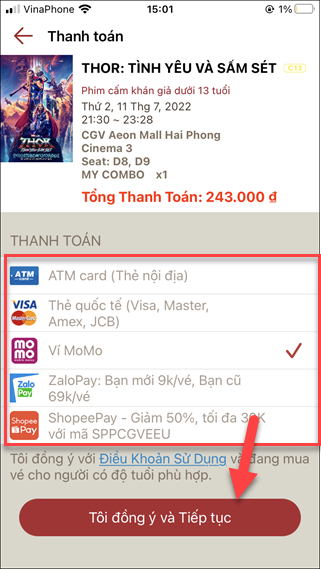 Cuộn xuống và chọn Phương thức thanh toán