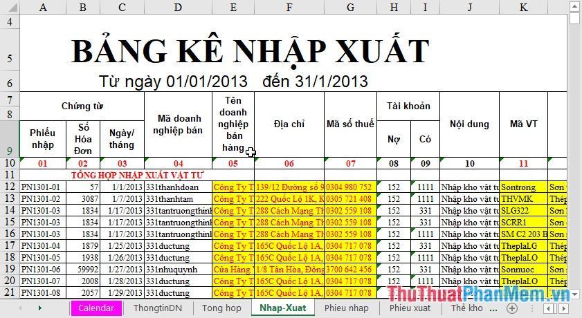 Mẫu file quản lý kho trên Excel - Mẫu 03