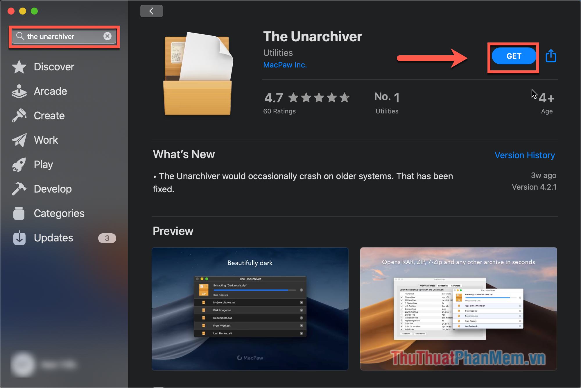 Bạn mở Appstore, tìm The Unarchiver và nhấn Get để tải ứng dụng về