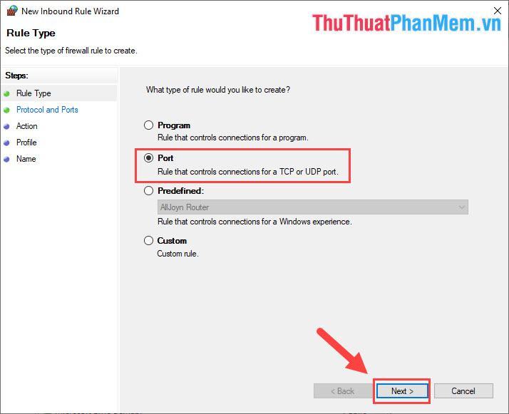 Chọn Cổng và nhấp vào Tiếp theo