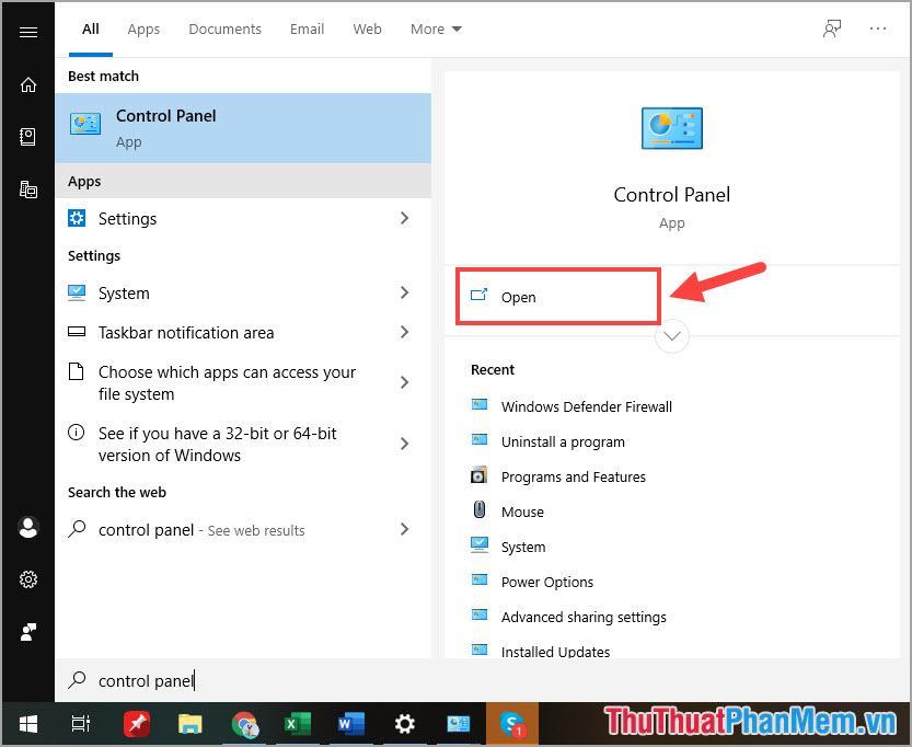 Vào Control Panel để mở
