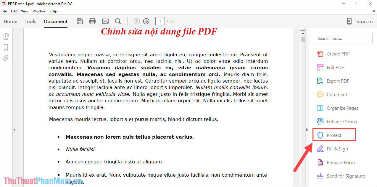 Chọn Protect để thiết lập bảo vệ cho file PDF