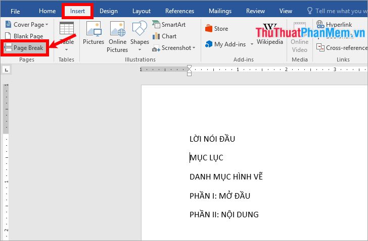 Chọn tab Chèn → Ngắt trang hoặc Ctrl + Enter