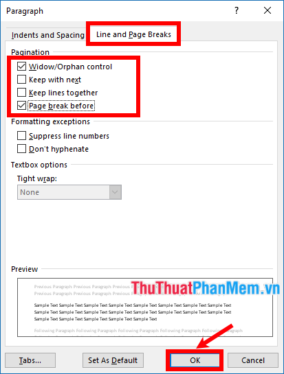 Chọn tab Line and Page Breaks, đánh dấu tùy chỉnh trước