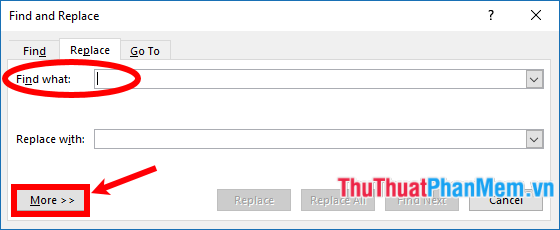 Đặt con trỏ vào hộp Find what, sau đó chọn More